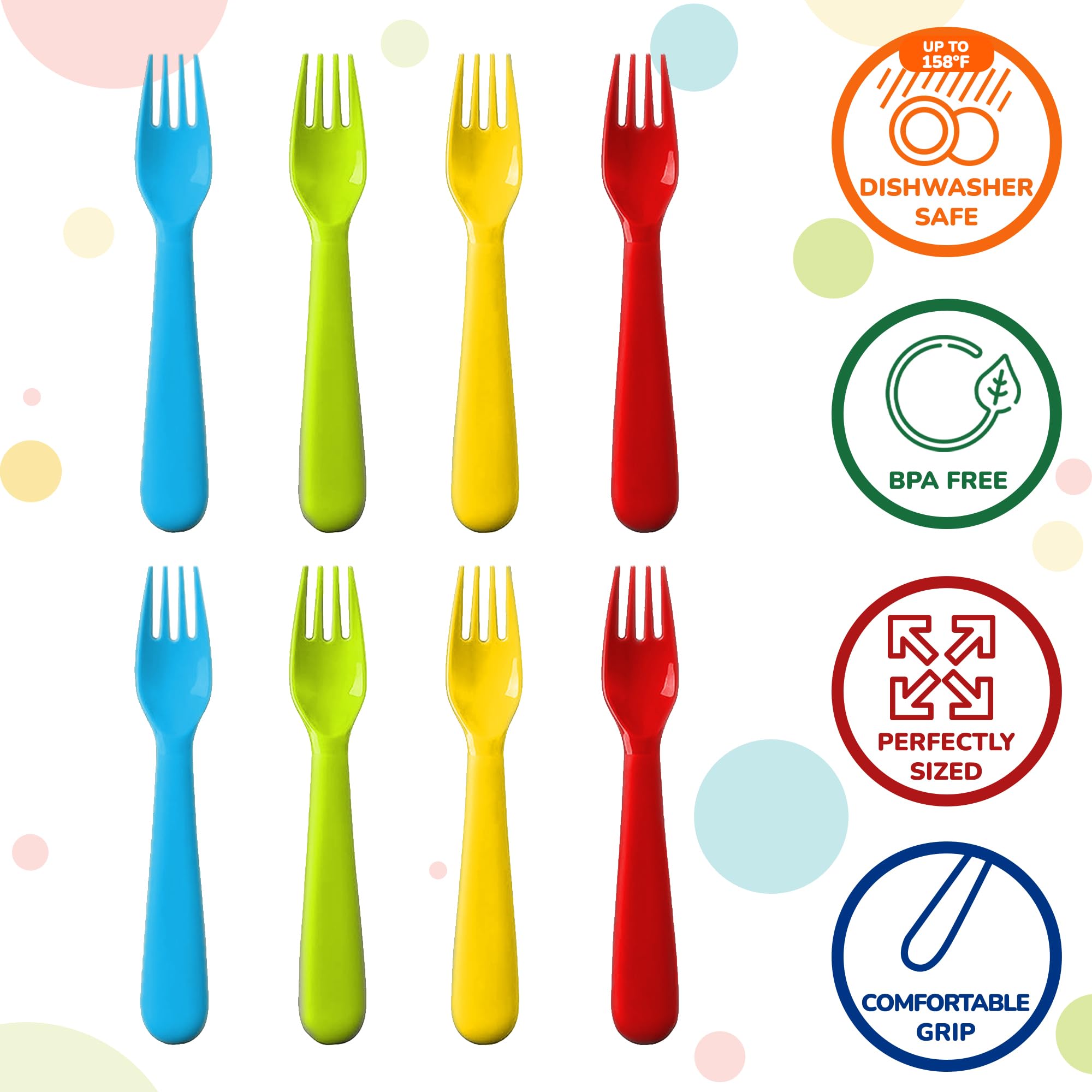 BPA-Free Plastic Kids Forks Set of 18 - Dishwasher Safe Reusable Toddler Utensils - Brightly Colored Children's Flatware for Mealtime & Travel - Perfect for Daycare, Picnics, and Family Dinners
