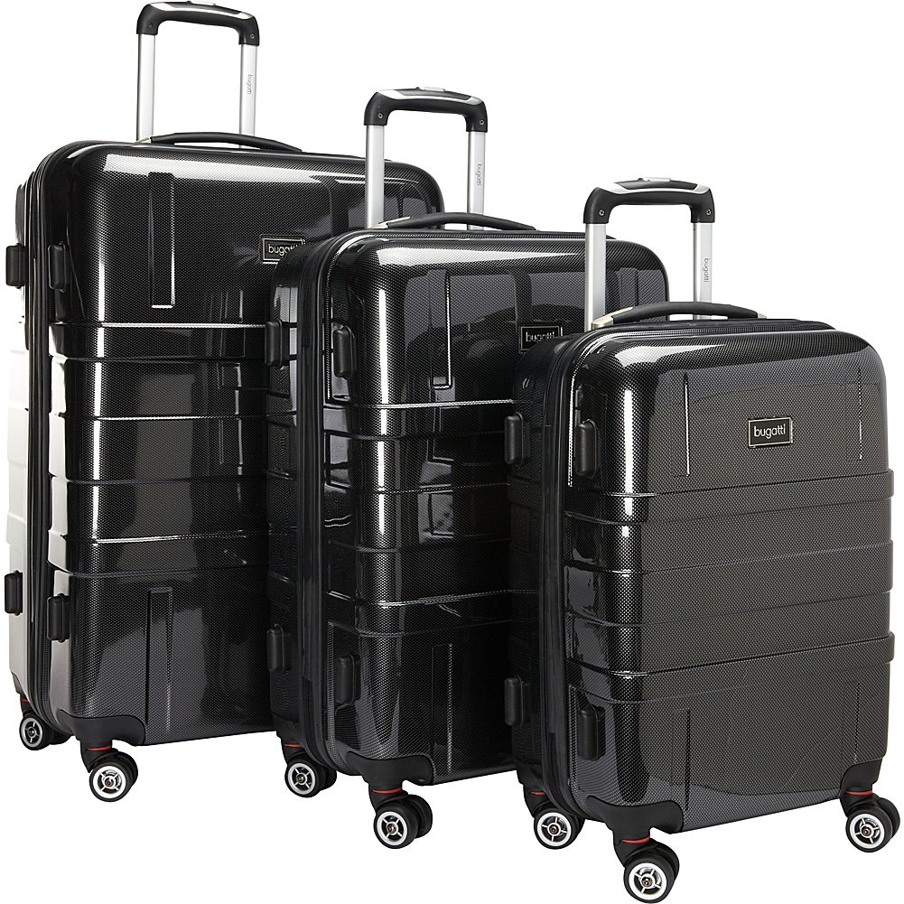Bugatti 3-Piece Durable Hardshell Luggage Set - Black (Carry-On, Checked Bag Size) - Perfect for Business Travel, Vacation & Airplane Trips