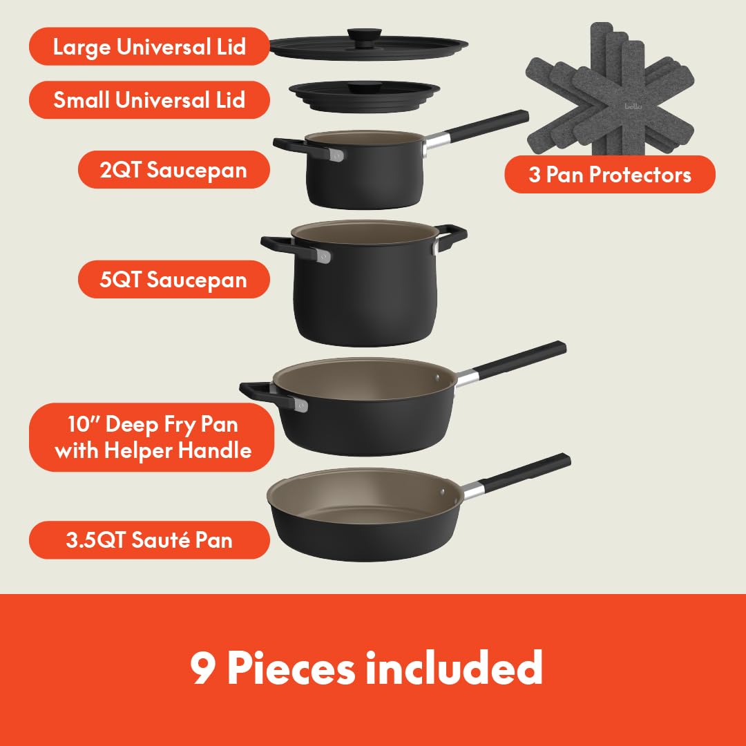 Bella 9-Piece StoreMore Cookware Set with EverGood™ Ceramic Nonstick Coating - Dishwasher & Oven Safe, Compatible with All Stovetops, Stackable Space-Saving Design, Cool-Touch Handles, Black - Perfect for Small Kitchens, Apartments, and Everyday Cooking