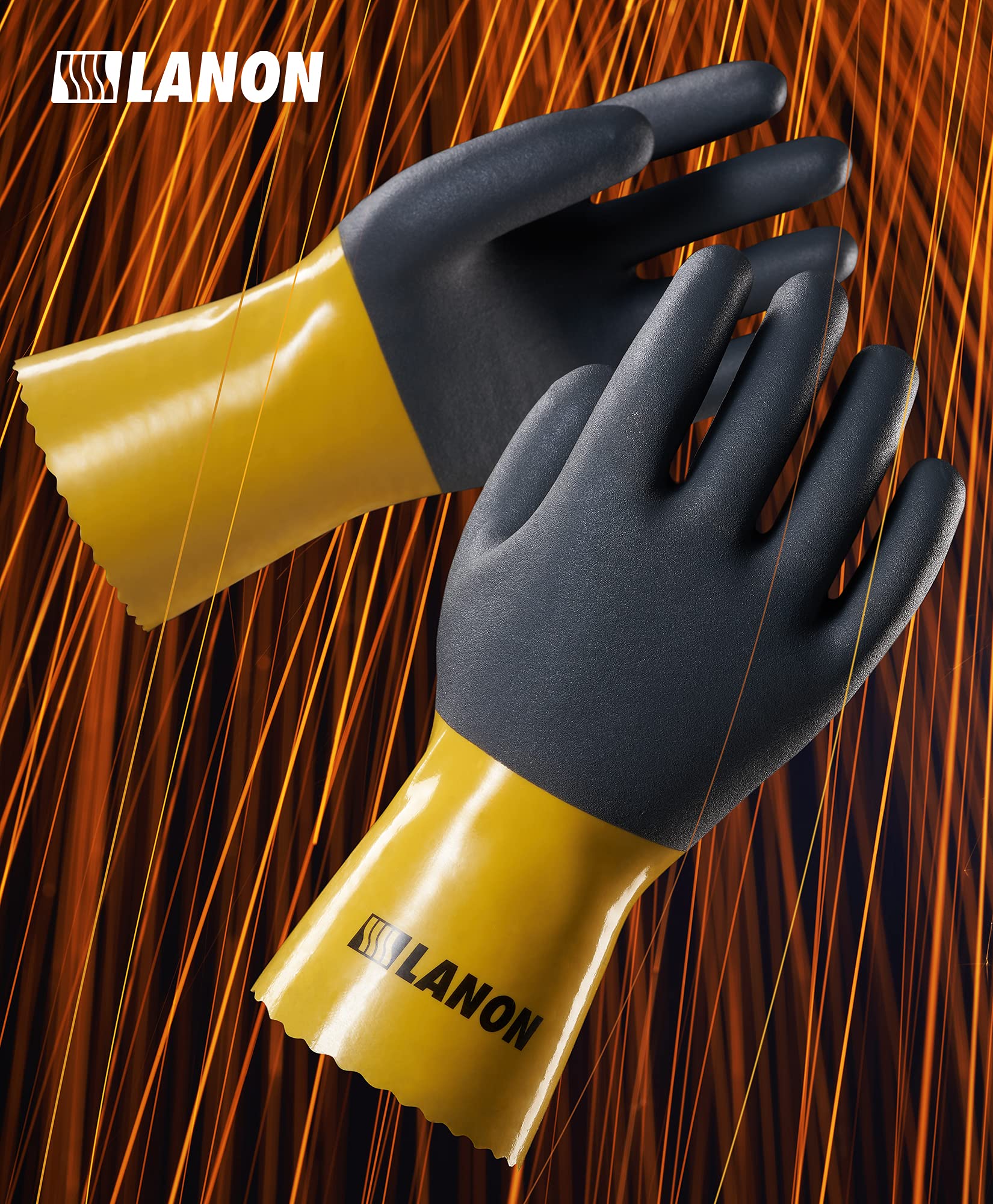 LANON 3 Pairs Heavy Duty PVC Chemical Resistant Gloves - EN 374/388 Certified, Acid Alkali & Oil Proof, Non-Slip Rubber Work Gloves for Industrial Cleaning, Laboratory, Automotive Repair & Chemical Handling (Size XL)