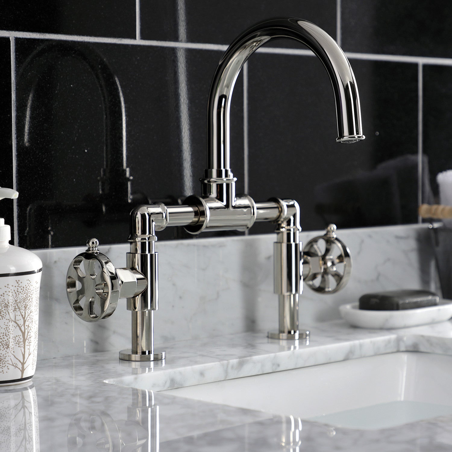 Belknap KS2176RX Two Handle 2 Hole Deck Mount Bridge Bathroom Faucet with Push Pop Up Drain - Polished Nickel Finish for Vanity Sinks and Modern Bathrooms