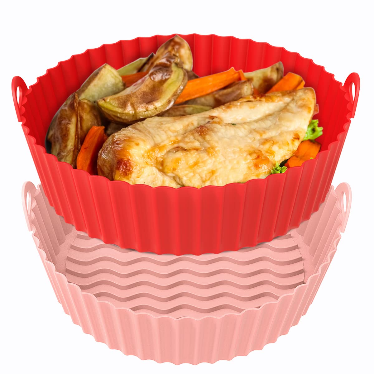 OUTXE 2-Pack 8.5inch Air Fryer Silicone Liners - Heat Resistant, Reusable Silicone Basket for 5QT Air Fryers - Oven Safe Accessories (Red+Pink) - Perfect for Baking, Roasting & Frying Without Sticking