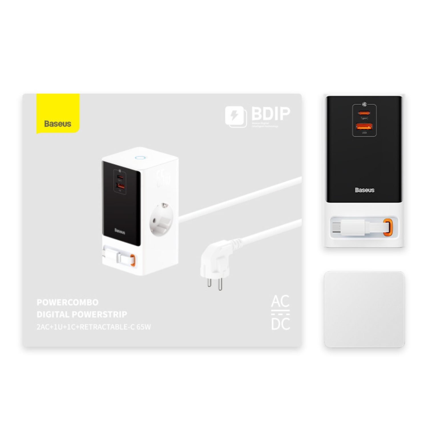 Baseus PowerCombo 65W Digital Power Strip with AC Outlet, USB-C & USB-A Ports - White | Fast Charging for Laptop, Phone, Tablet | Perfect for Home, Office & Travel