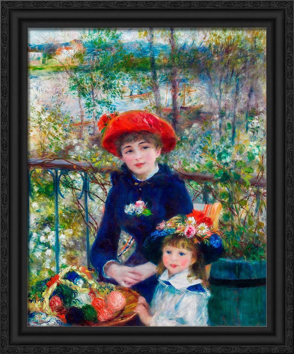 Pierre-Auguste Renoir 'Two Sisters On The Terrace' 1881 - 28x34 Large Black Ornate Framed Canvas Art Print - Perfect for Living Room, Bedroom & Office Wall Decor
