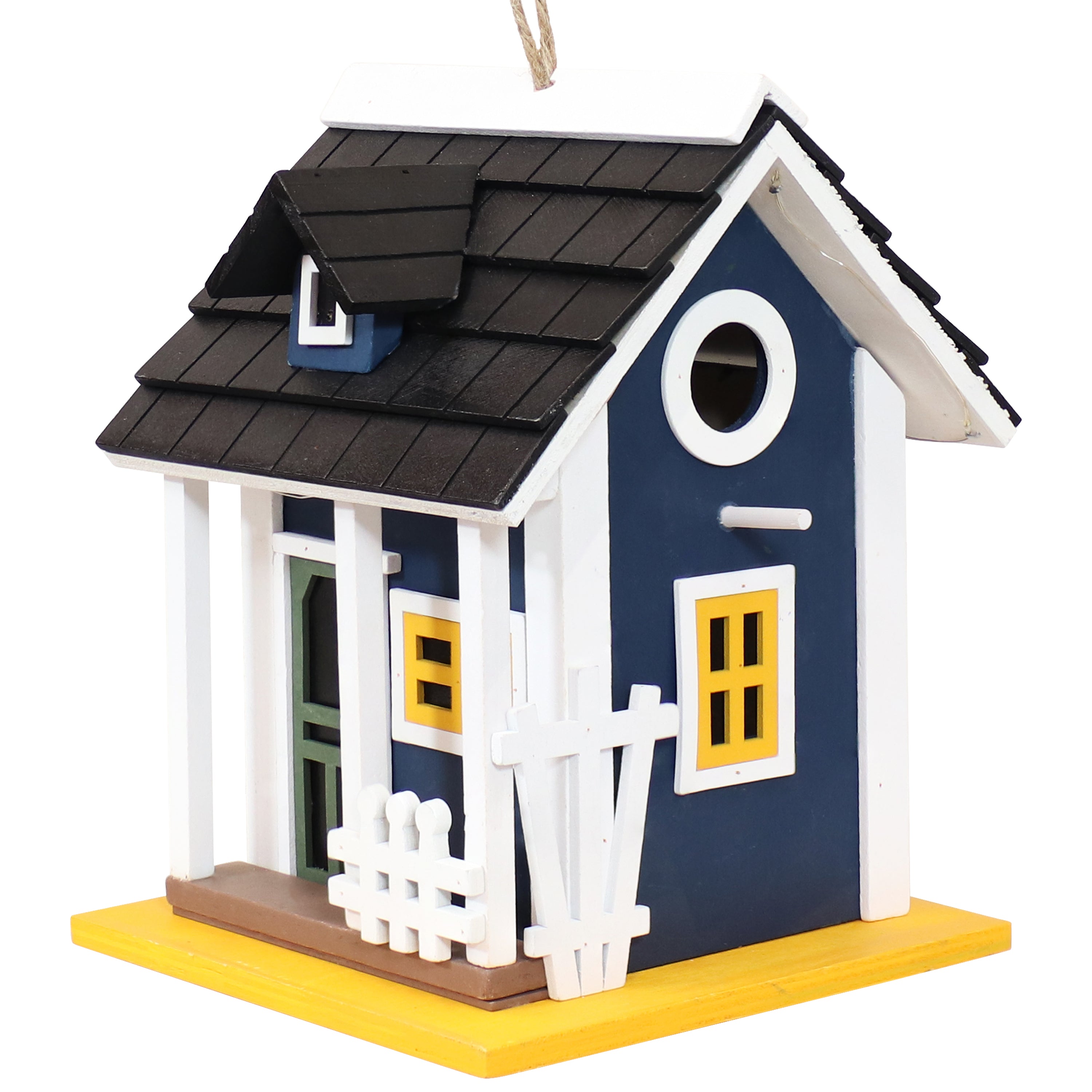 Sunnydaze Charming Cottage LED Solar Wooden Outdoor Hanging Bird House - 9.25 Inch Garden Decoration for Patio, Yard & Backyard - Eco-Friendly Solar Powered Bird Feeder for Attracting Wild Birds