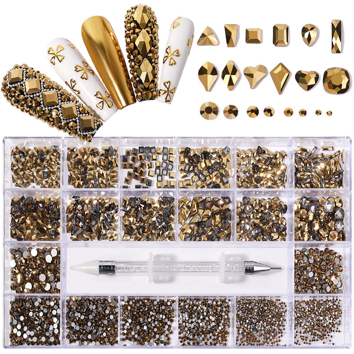12 Types of 600 Gold Mine Diamonds & 2500 Flat Rhinestones Mix - 20 Styles Flatback DIY Craft Rhinestone Crystals for 3D Decorations, Jewelry Making, Nail Art & Costume Design + Free Rhinestone Picker Wax Pen