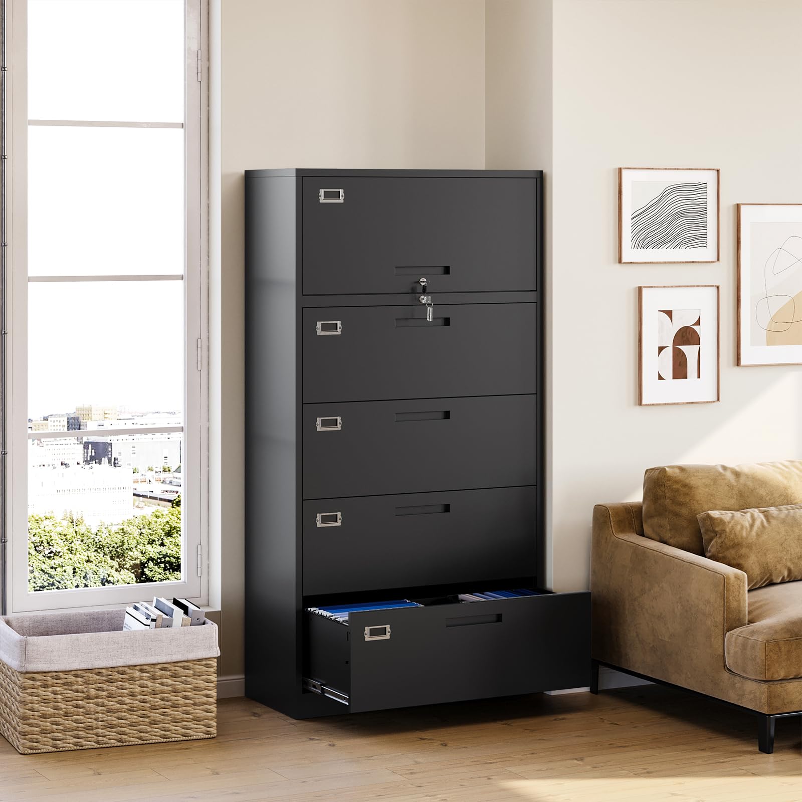 MIIIKO 4-Drawer Metal Lateral File Cabinet with Lock & Top Shelf - Secure Home Office Storage Organizer for Documents, Folders & Supplies | Perfect for Office, Study Room or Workspace Organization