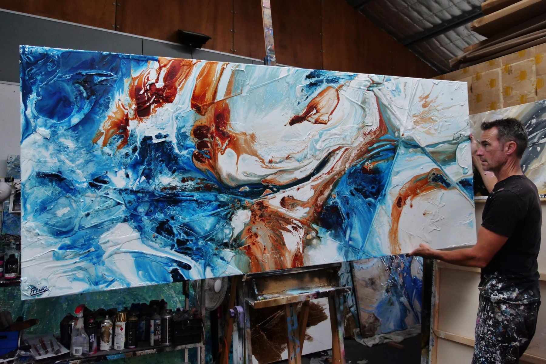Rust and Azure 240cm x 100cm Blue Oxide Textured Abstract Canvas Wall Art - Perfect for Modern Living Room, Office Decor & Contemporary Home Interior Design