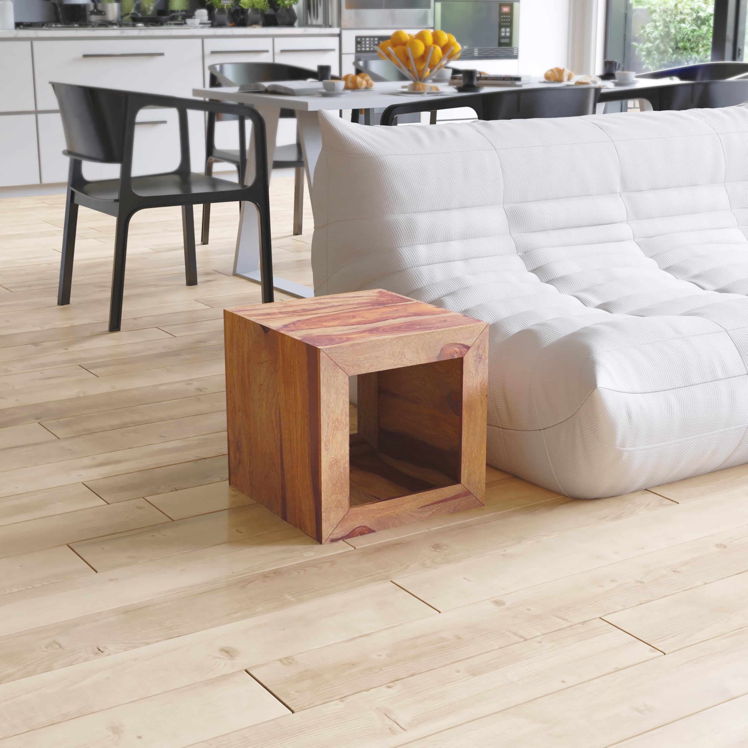 Modern Cube-Shaped Rosewood Side Table with Cutout Bottom - Brown Wooden End Table for Living Room, Bedroom & Office Decor | Compact Urban Furniture for Small Spaces