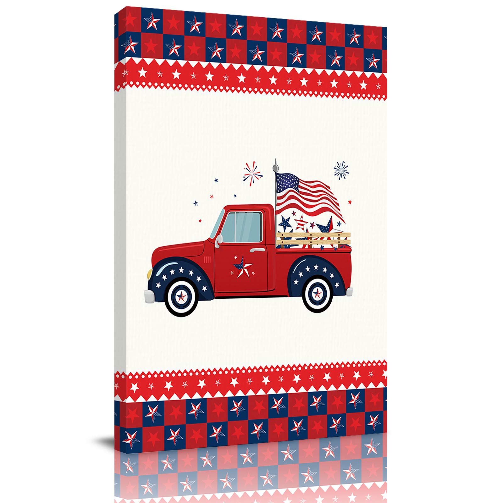 EZON-CH Framed Canvas Wall Art Print - Red Truck with American Flag Painting (12x18 Inches) - Perfect for Living Room, Bedroom, Bathroom, Kitchen & Office Decor | Vintage Americana Home Wall Decorations | Ideal for Farmhouse, Rustic or Patriotic Interior Design