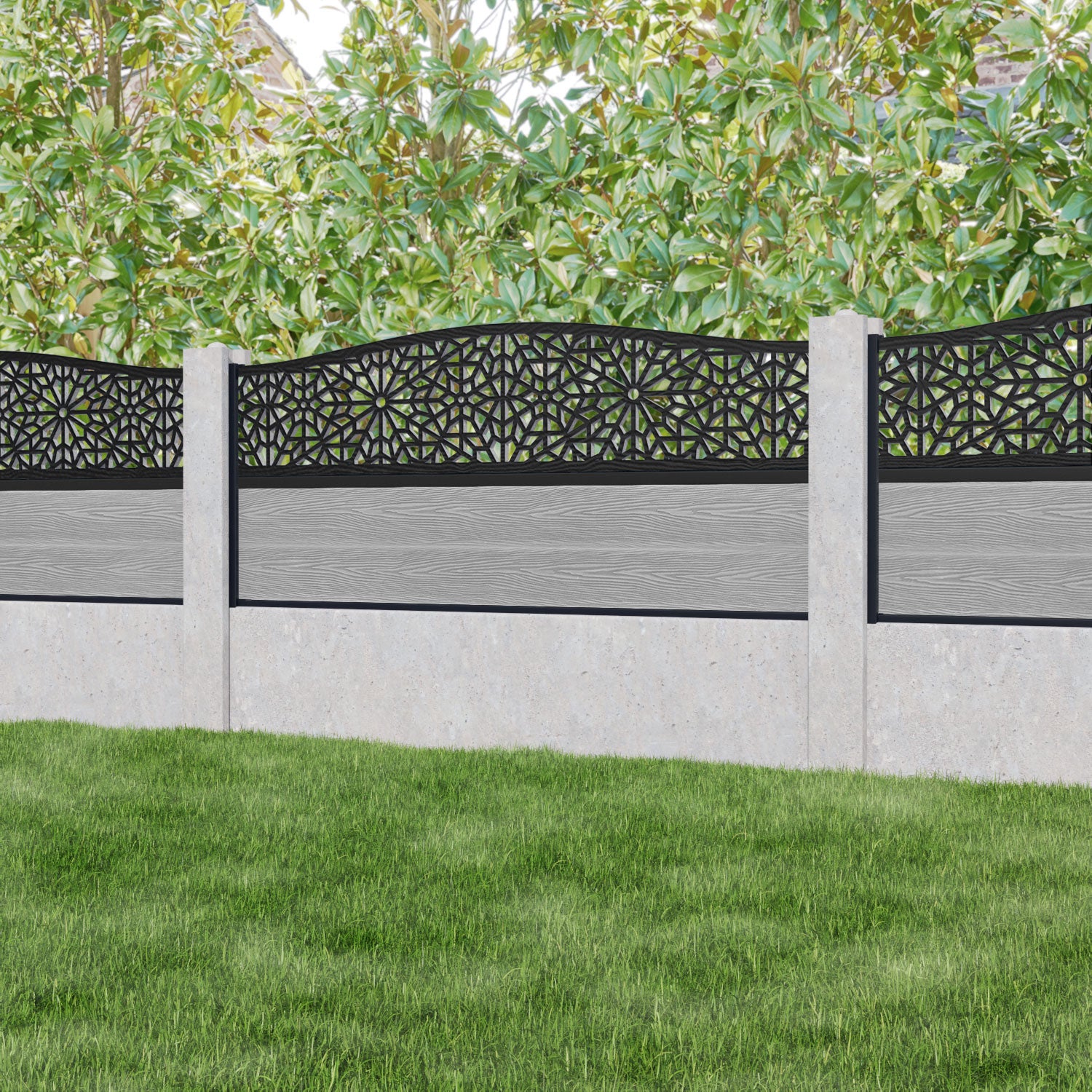 Classic Alnara Curved Top Fence Panel - Light Grey Vinyl Privacy Fencing for Concrete Posts | Durable Outdoor Garden & Backyard Boundary Solution