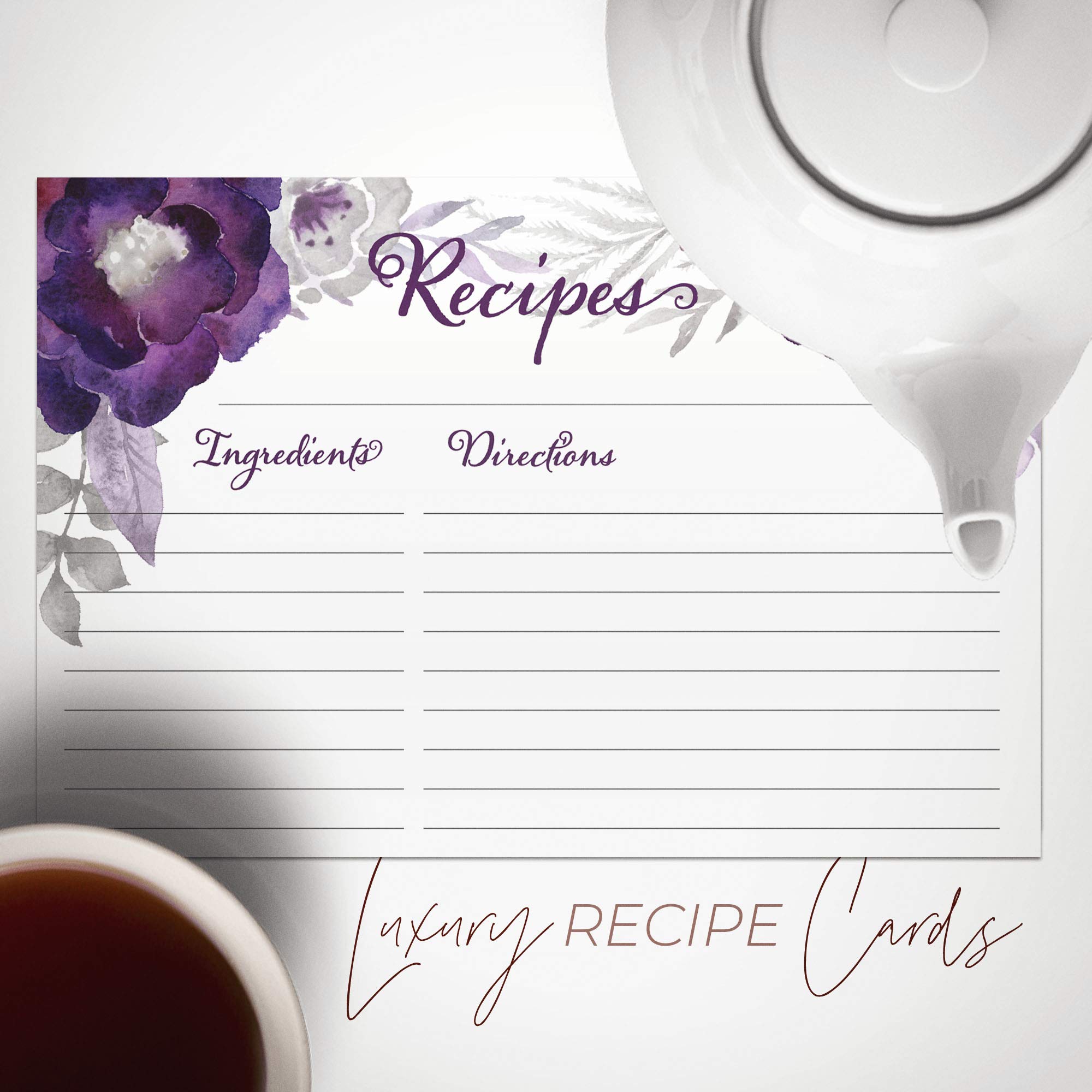 Dashleigh Floral Recipe Cards - Set of 48 Water-Resistant 4x6 Inch Double-Sided Recipe Cards (Violet Purple) - Perfect for Recipe Organization, Kitchen Gifts & Meal Planning
