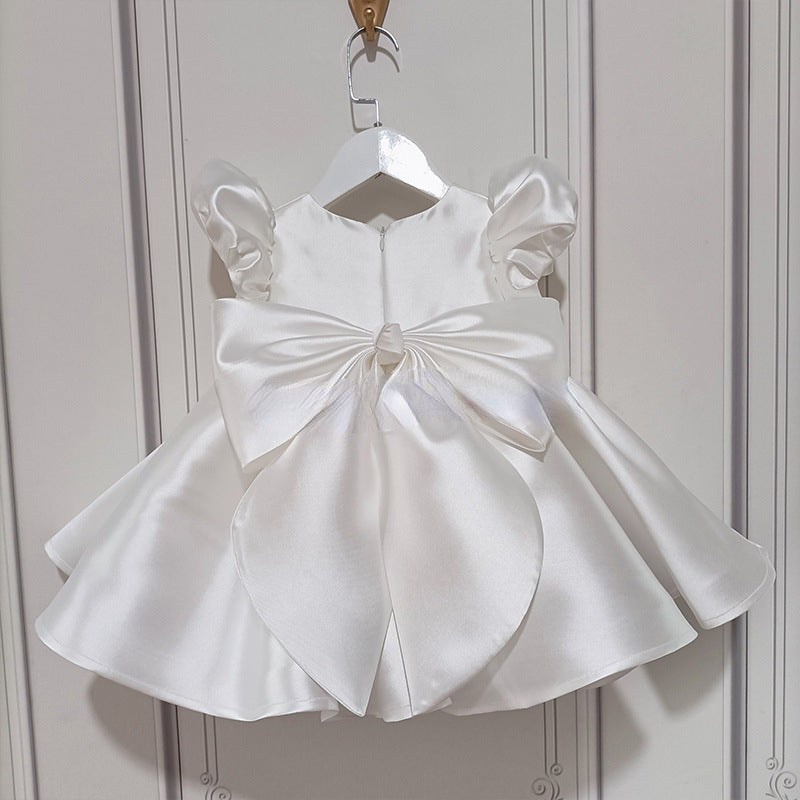 Elegant White Satin Flower Girl Dress with Beaded Floral Details - Perfect for Weddings, Baptisms & Special Occasions