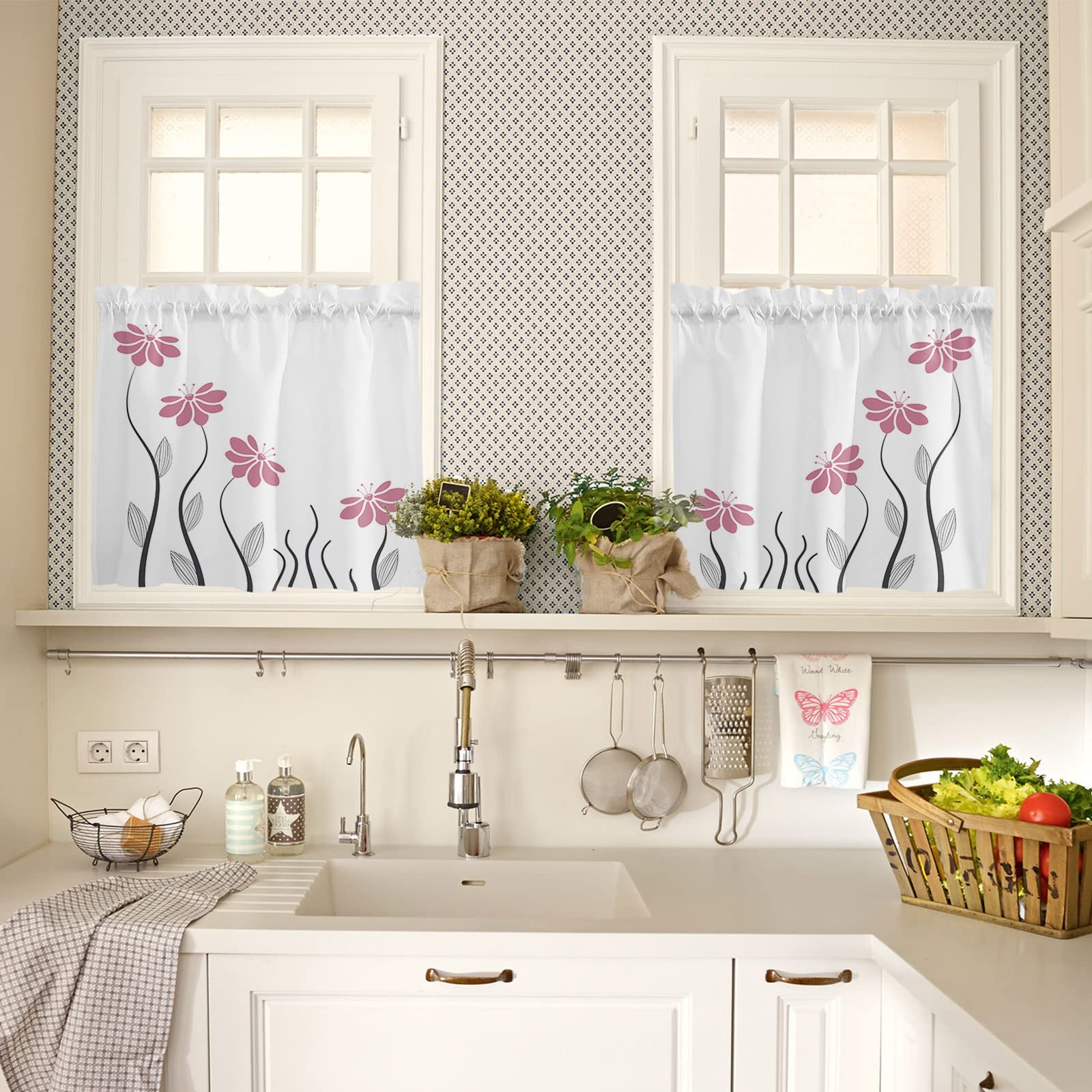 Pink Modern Kitchen Curtains 24 Inch Length - Vintage Floral White Short Tiered Window Panels with Black Flower Geometric Stripes Print - Perfect for Small Kitchen Windows, Cafe Decor, and Farmhouse Style Homes