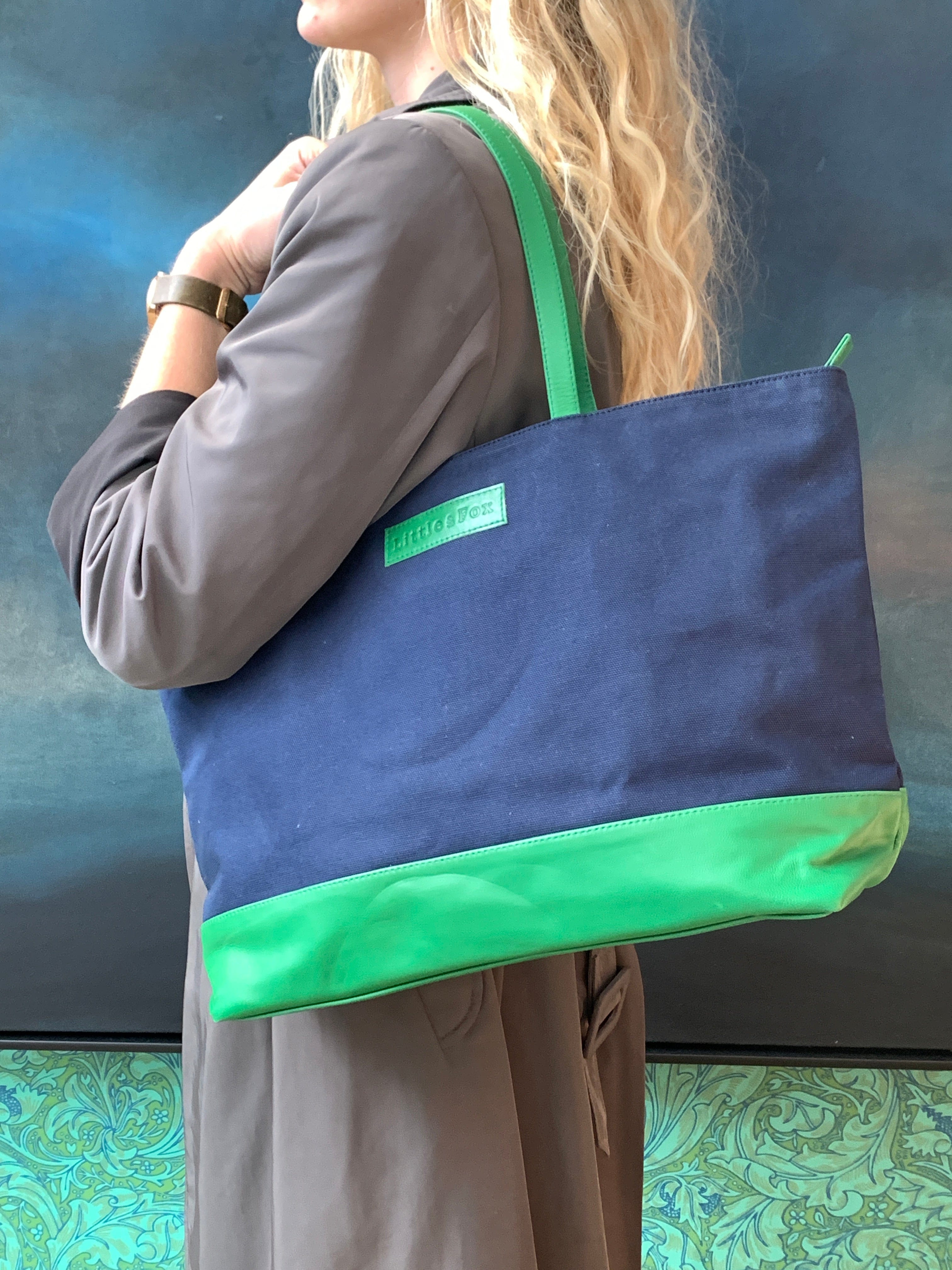 The Little & Fox Premium Indigo Tote Bag with Emerald Leather - Stylish & Durable Handbag for Work, Travel & Everyday Use