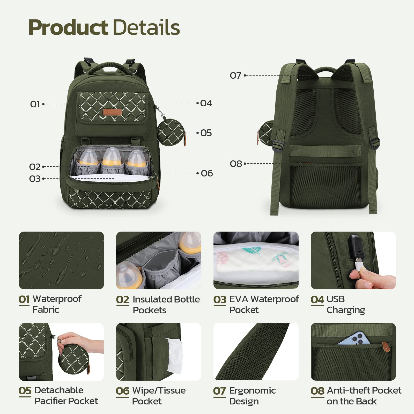 Large Capacity Unisex Diaper Bag with Removable Insulated Bottle Holder - Perfect for Parents, Travel & Baby Essentials Organization