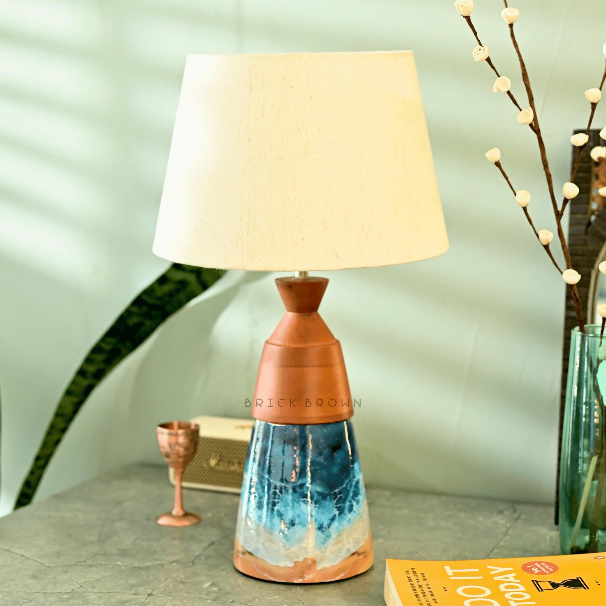 Brick Brown ® Premium Wooden Aqua Lamp with Shade & Bulb - Modern Home Decor Lighting for Bedroom, Living Room, Study Room - Perfect Nightstand Lamp for Bedside Table, Reading Nook & Cozy Ambiance