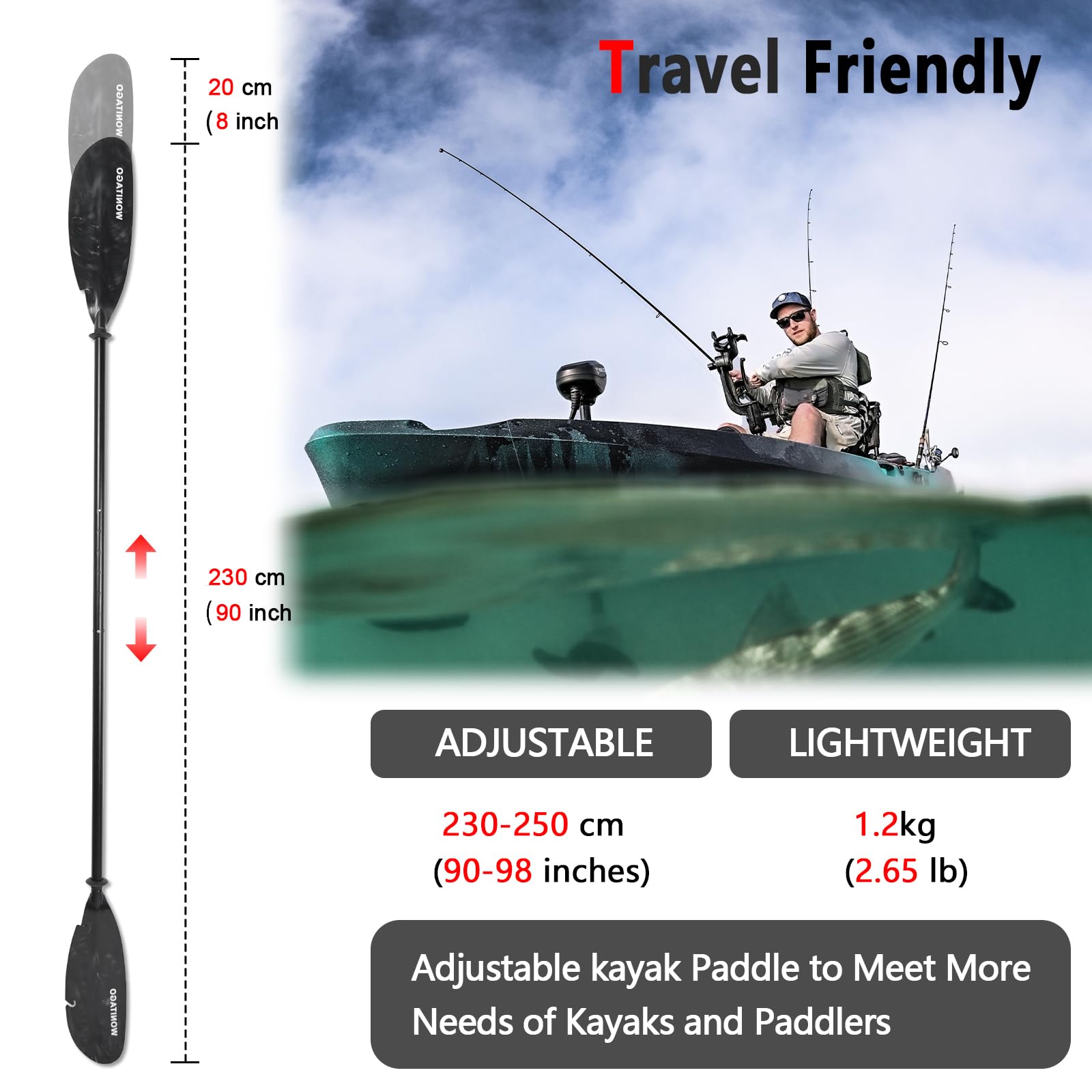 Premium Fiberglass Kayak Paddles with PP Blades - Lightweight Adjustable 3-Piece Oars (230-250cm/90-98in) for Kayaking, Canoeing & Boating - Perfect for Recreational Paddling, Fishing & Water Sports Adventures