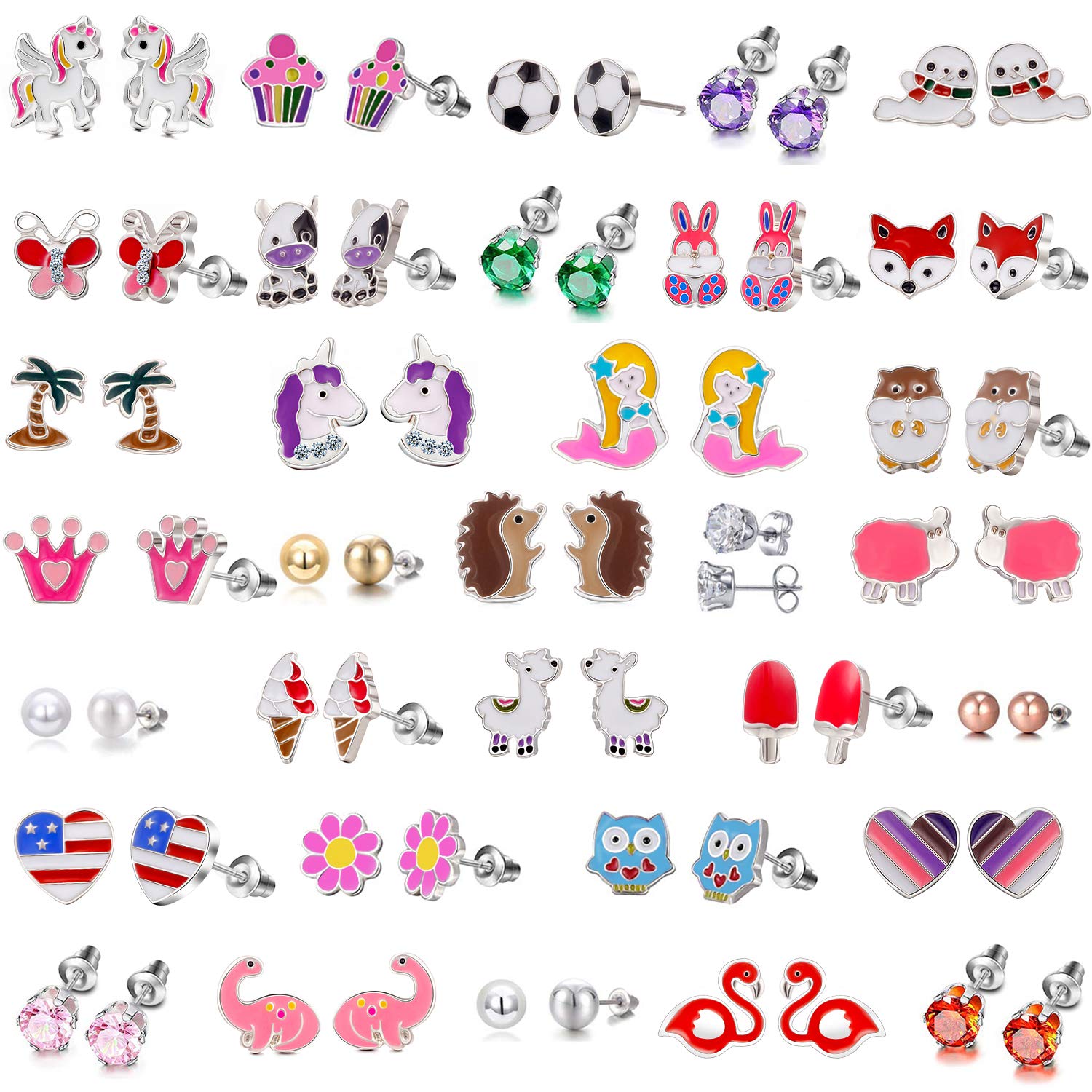 24/30/33 Pairs Hypoallergenic Earrings for Girls with Sensitive Ears - Cute Stud Earrings Set for Teen & Little Girls - CZ & Animal Design Kids Earrings | Perfect for School, Parties & Everyday Wear