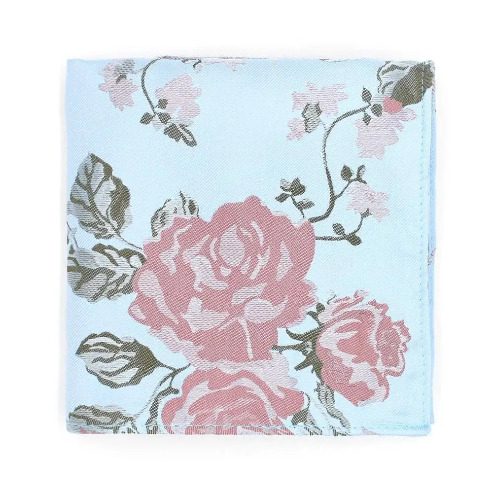 LA Smith Dusky Rose On Sky Large Floral Tie and Hank Set - Elegant Wedding Accessories for Groomsmen and Bridesmaids - Perfect for Weddings, Proms and Formal Events