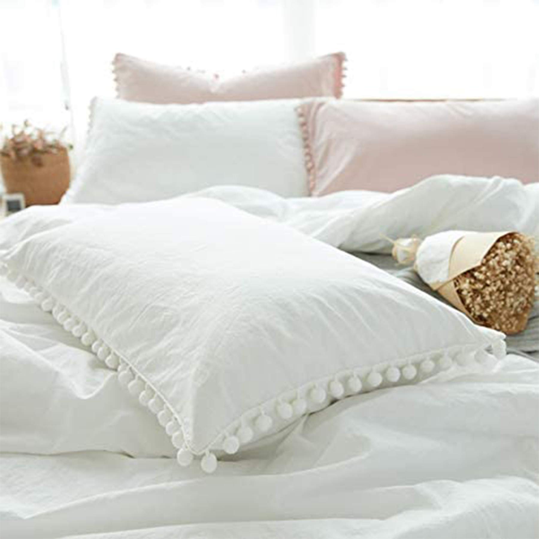 Softta 20x30 Pom Pom Pillow Covers Set of 2 - 100% Washed Cotton Ball Tassel Trimmed Decorative Pillow Shams for Girls, Twin/Full/Queen Size (No Comforter or Filling Included) - Perfect for Bedroom, Living Room, and Dorm Decor