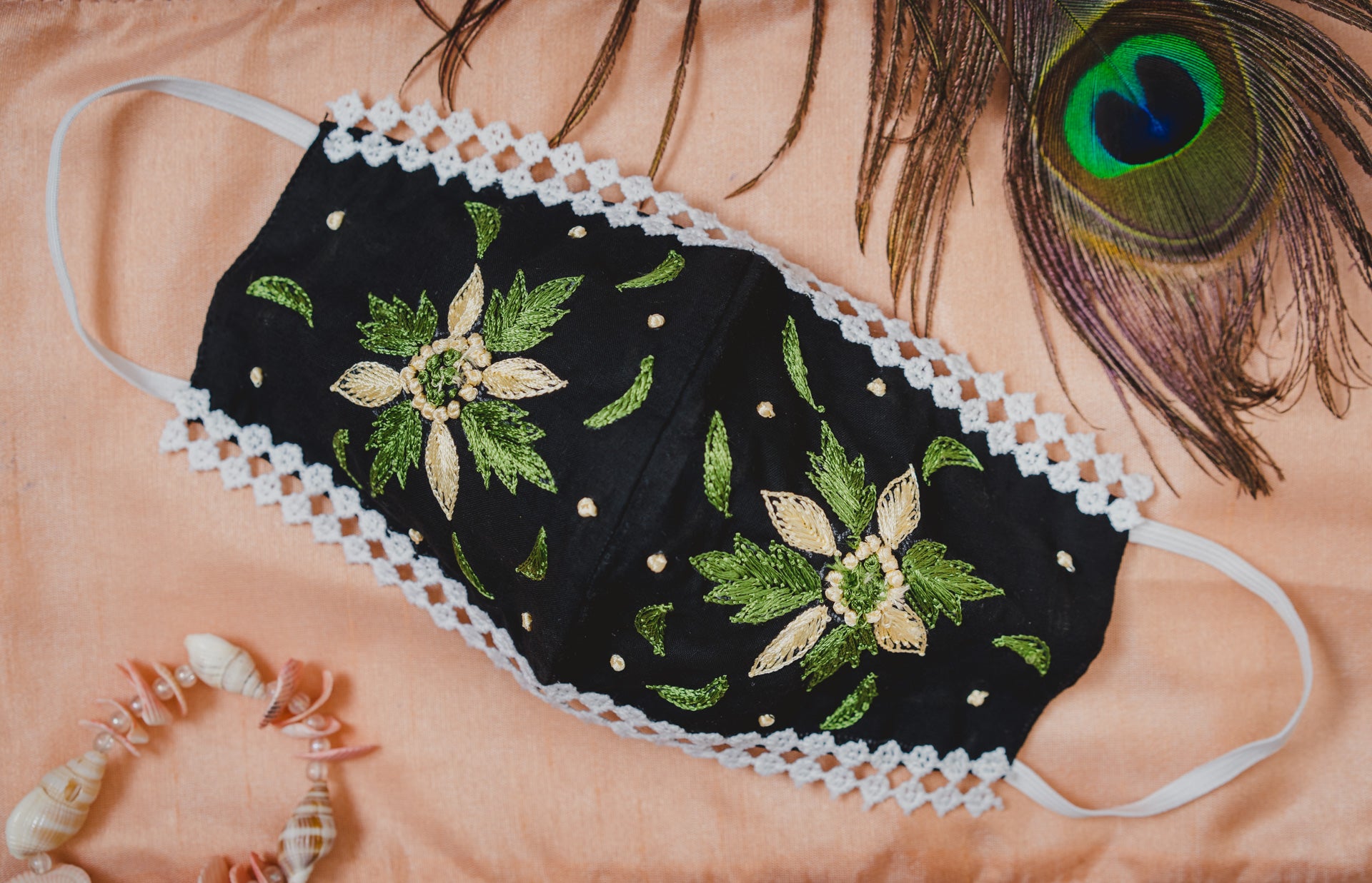Black Geometric Floral Embroidery Cotton Face Mask - Reusable Washable Breathable Fabric for Daily Wear, Outdoor Activities & Fashion Accessory