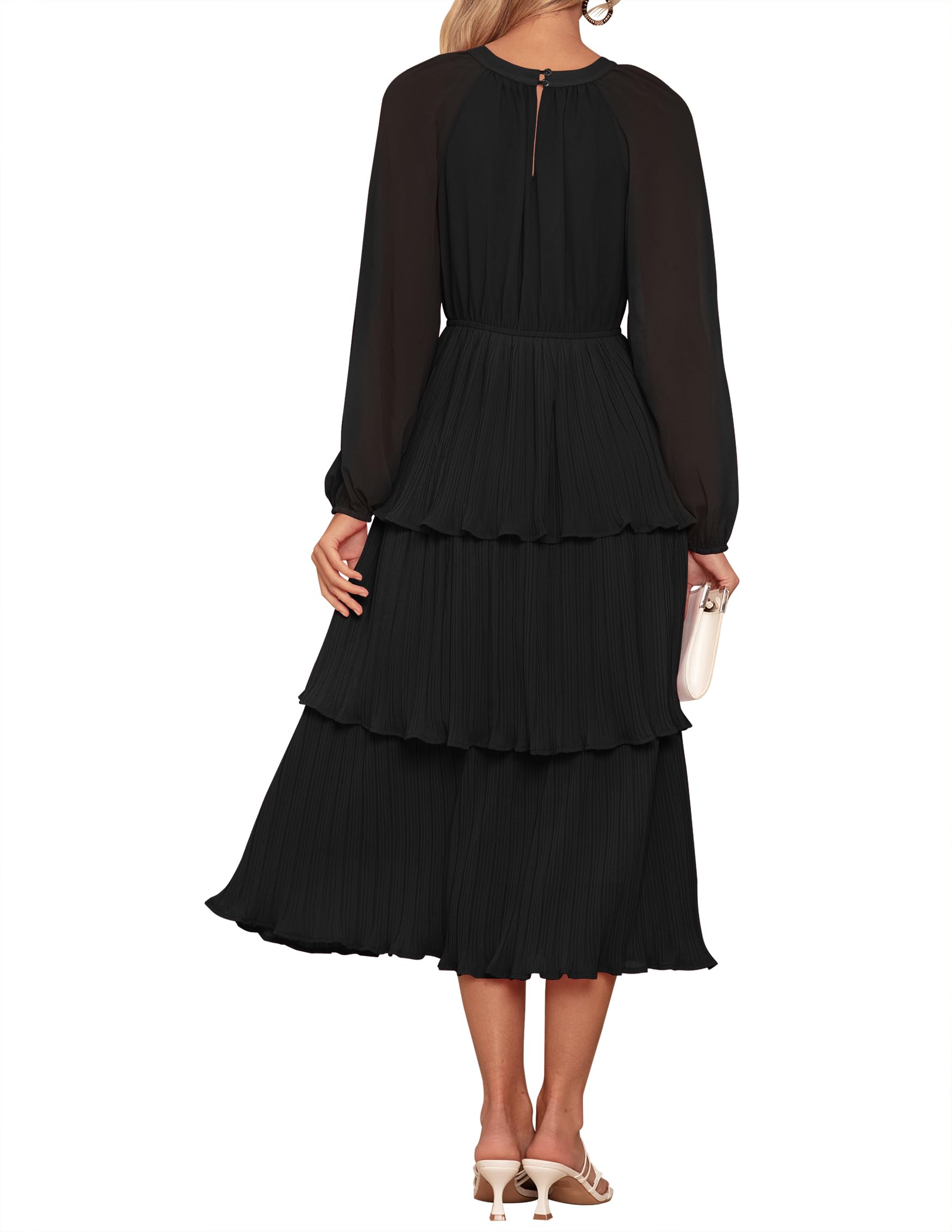 ZESICA Women's 2025 Long Sleeve Chiffon Dress with Ruffle Tiered Layers - Elegant Crew Neck Swing Midi Dress for Casual Wear, Office, and Special Occasions