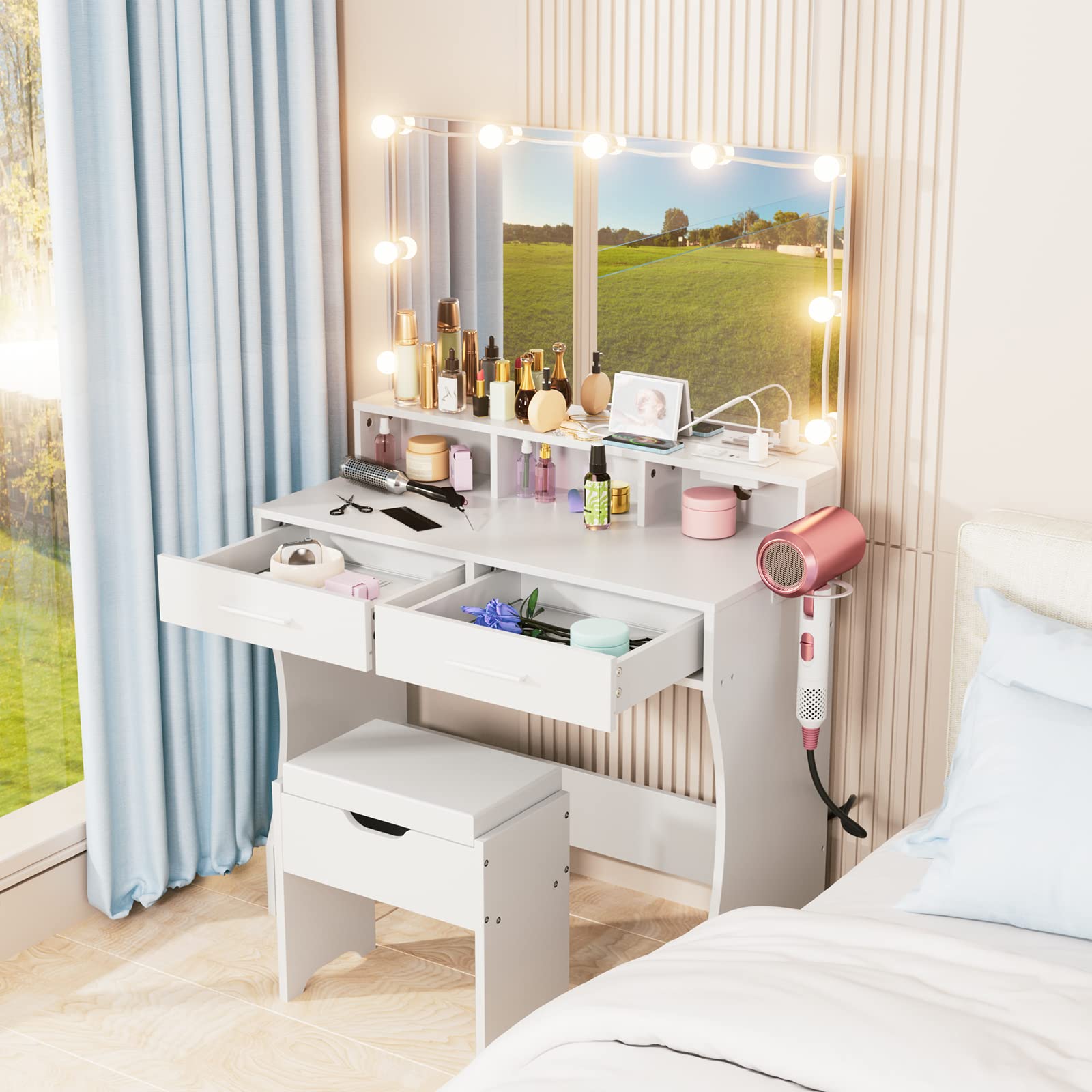 Vabches Makeup Vanity with LED Lighted Mirror & USB Outlet Charging Station - White Vanity Table with 3 Color Lighting Modes & Adjustable Brightness, 31.5 Inch Wide - Perfect for Bedroom, Dressing Room & Home Salon Makeup Application