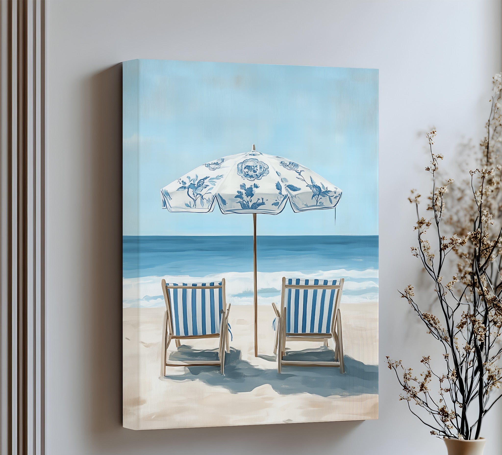Blue Striped Beach Chairs Canvas Wall Art - Coastal Decor for Living Room, Bedroom & Office - Perfect Beachfront Home Decor & Gift Idea