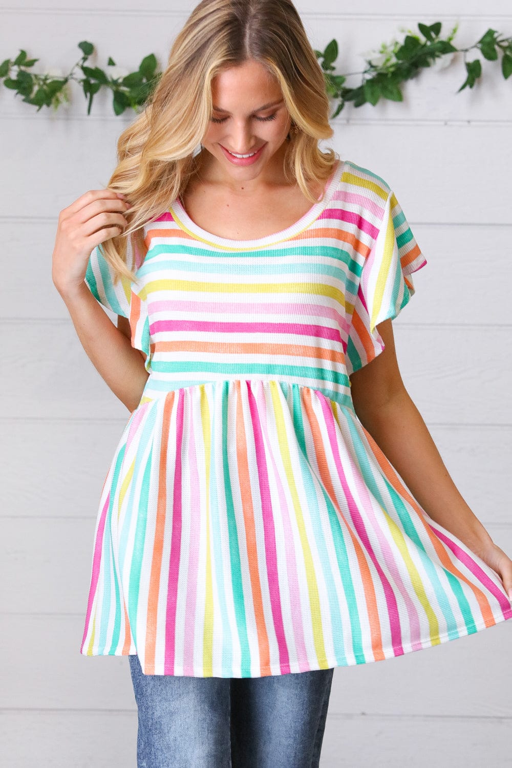 Lavender Rainbow Stripe Babydoll Top - Cute Flowy Summer Crop Top for Women, Perfect for Beach, Music Festivals & Date Nights