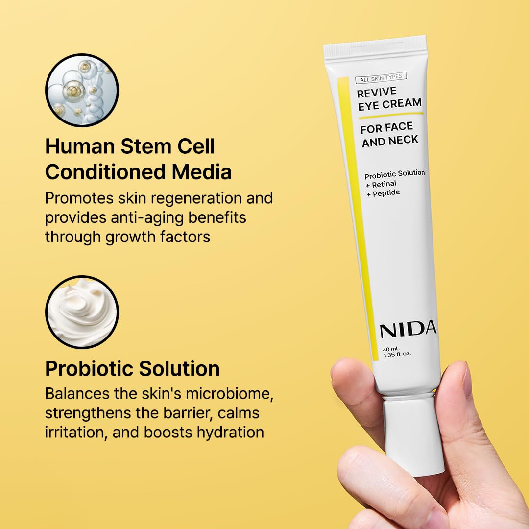 NIDA Revive Anti-Aging Eye Cream for Face & Neck - Probiotic Formula with Retinal & Peptides | Reduces Wrinkles, Fine Lines | Boosts Cell Turnover & Skin Firmness | Hydrating Treatment for Radiant Skin | 1.35 fl oz (40ml) | Perfect for Night Routine & Travel Skincare