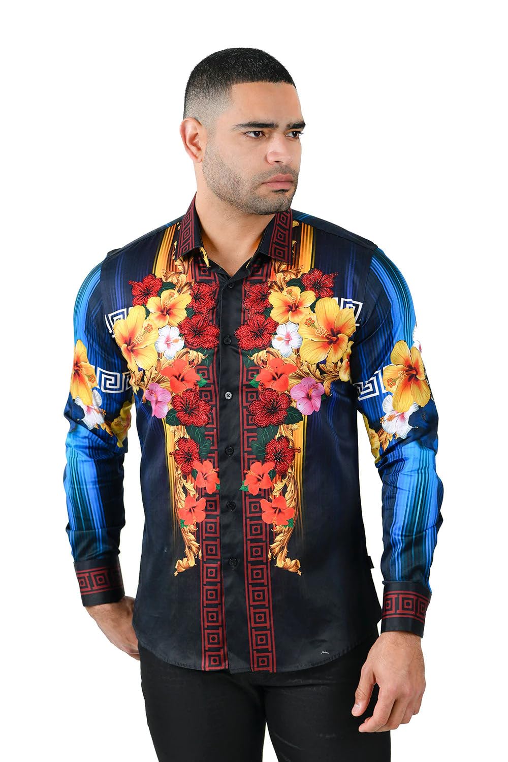 Barabas Men's Rhinestone Floral Tiger Greek Pattern Shirts - Stylish Casual Button Down Shirt for Party, Club & Night Out - SPR612