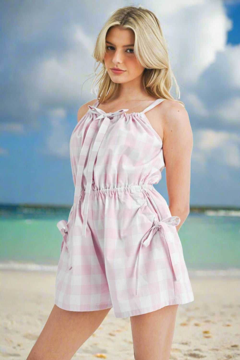 Women's Sleeveless Button Down Summer Romper with Bow Details - Casual Beach Outfit, Vacation Dress, Summer Party Jumpsuit