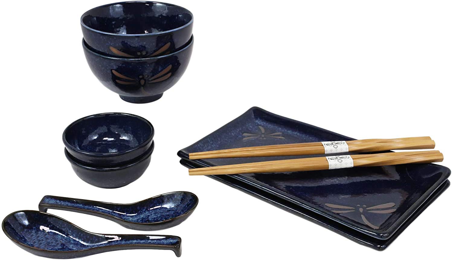 Ebros Gift Japanese Mino Ware Tombo Dragonfly Blue Porcelain 10-Piece Sushi Dinnerware Set for 2 - Includes Sushi Plates, Soup Bowls, Sauce Bowls, Bamboo Chopsticks & Asian Soup Spoons | Authentic Japanese Dining Experience, Perfect for Sushi Nights, Asian-Themed Dinners & Housewarming Gifts