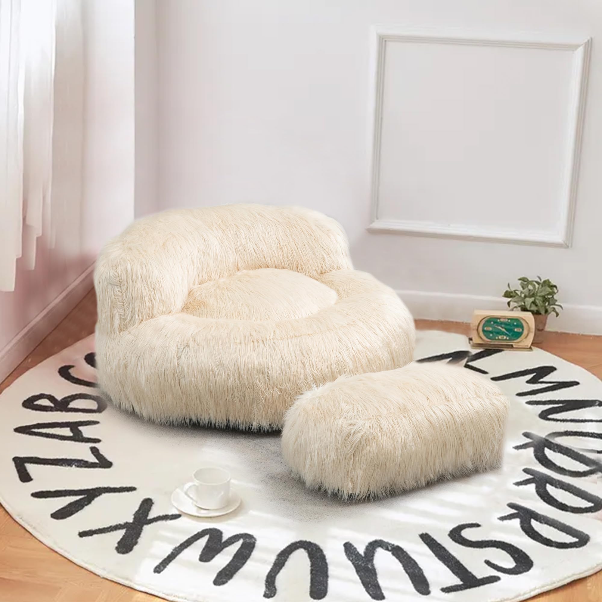Soft Fluffy Faux Fur Bean Bag Chair with Ottoman - Large Shaggy Plush Lazy Sofa Bed for Living Room, Bedroom & Home Office - Modern Accent Furniture for Relaxing, Gaming & Lounging (Beige)