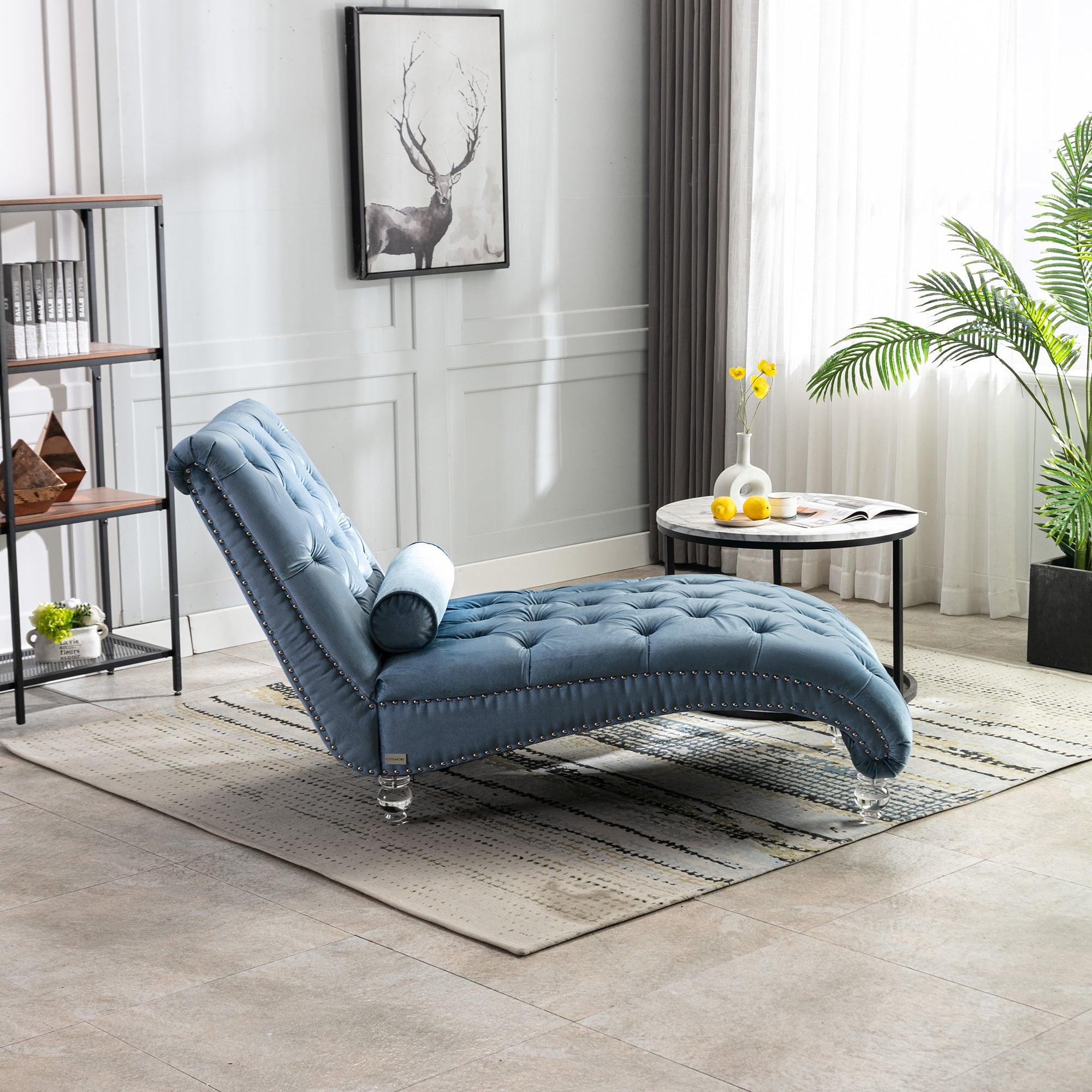 Luxury Velvet Chaise Lounge Chair - Button Tufted Upholstered Sofa with Pillow for Bedroom, Living Room & Office - Light Blue Velvet - Perfect for Relaxing, Reading & Home Decor