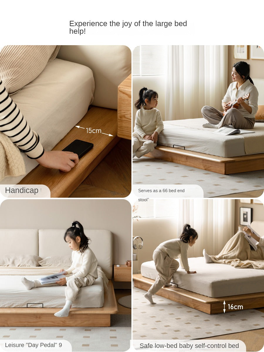 Solid Oak Wood Floating Platform Bed with Soft Fabric Headboard - Modern Technology Bed Frame for Bedroom, Living Room, or Guest Room