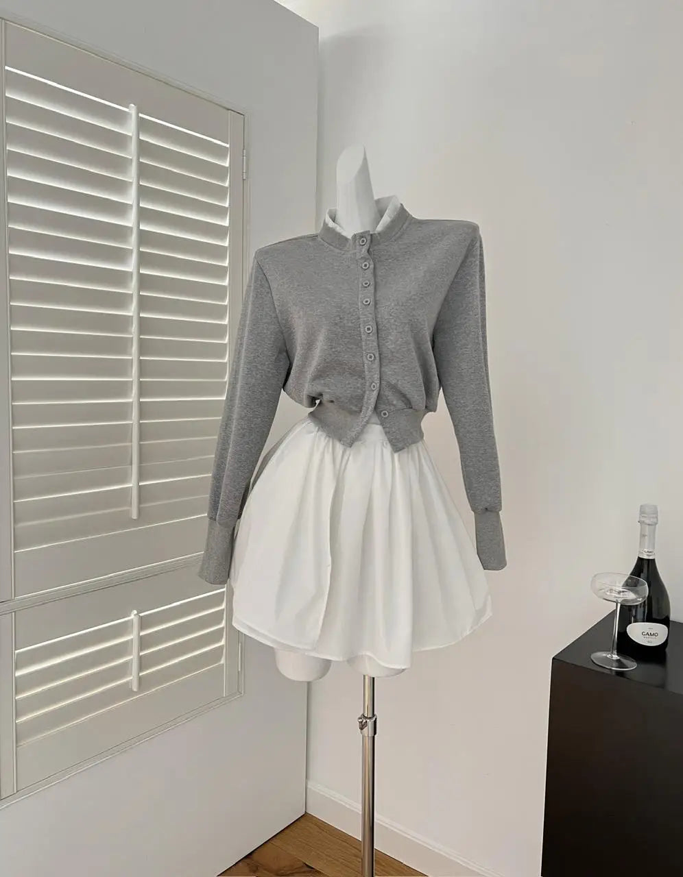 Women's Autumn Winter Fashion Set - Grey Single Breasted Long Sleeve Cardigan & High Waist Pleated Mini Skirt 2-Piece Outfit | Office Wear, Date Night, Casual Chic