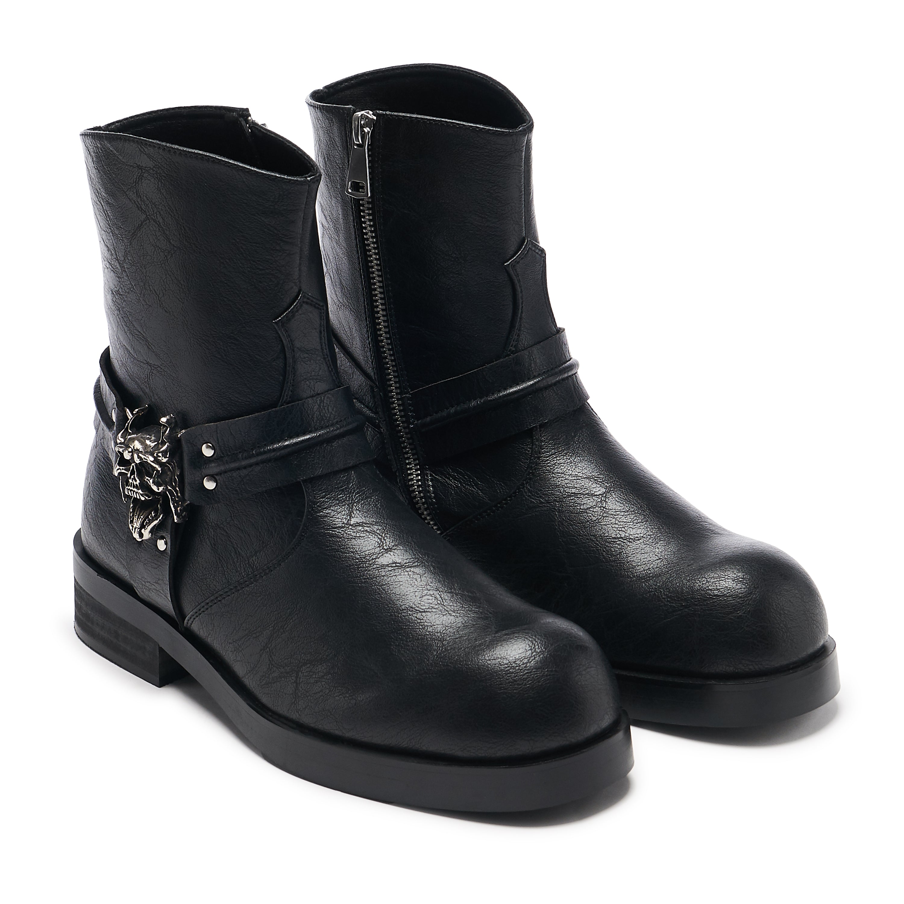 Legion Men's Stacked Hardware Biker Boots - Vintage Black Leather Motorcycle Boots for Riding & Casual Wear