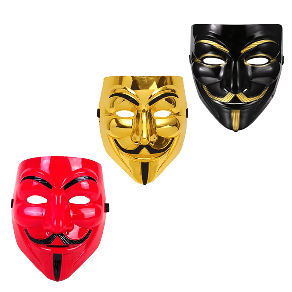 V for Vendetta Cosplay Mask Set - Sage Square Black, Golden & Red Fawkes Mask - Anonymous VIP Edition - Perfect Fit Halloween Costume & Protest Accessory (3-Pack)
