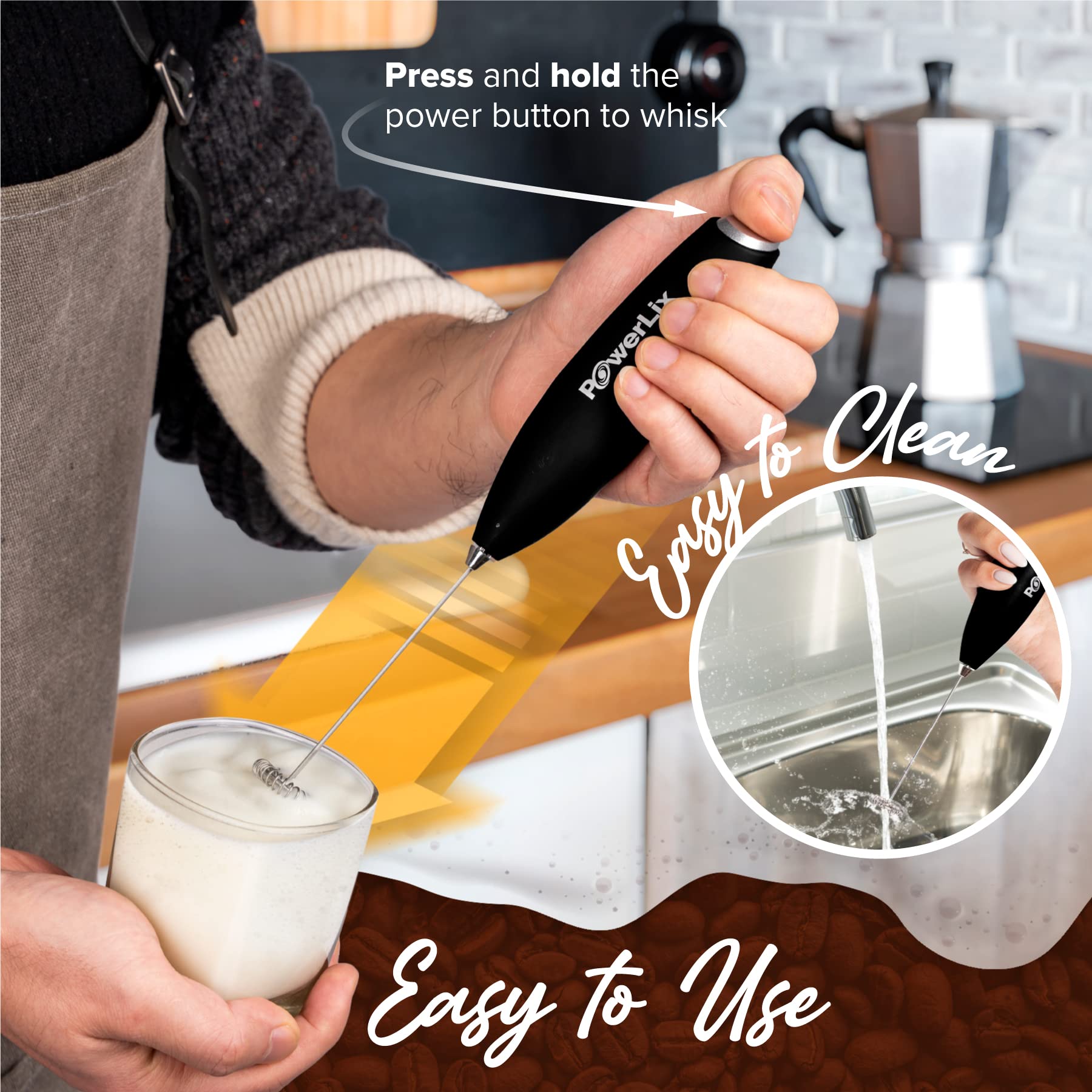 PowerLix Handheld Milk Frother - Battery Operated Foam Maker for Coffee, Latte & Cappuccino - Matte Black (Stand Not Included) - Perfect for Home, Office & Coffee Shops