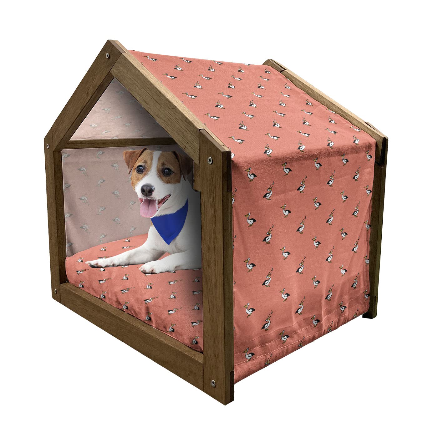 Lunarable Wooden Pet House for Dogs - Cartoon River Birds Eating Fish Design, Portable Indoor & Outdoor Dog Kennel with Pillow & Cover, Large Size in Earth Yellow & Black Coral - Perfect for Backyard, Patio, or Living Room Use
