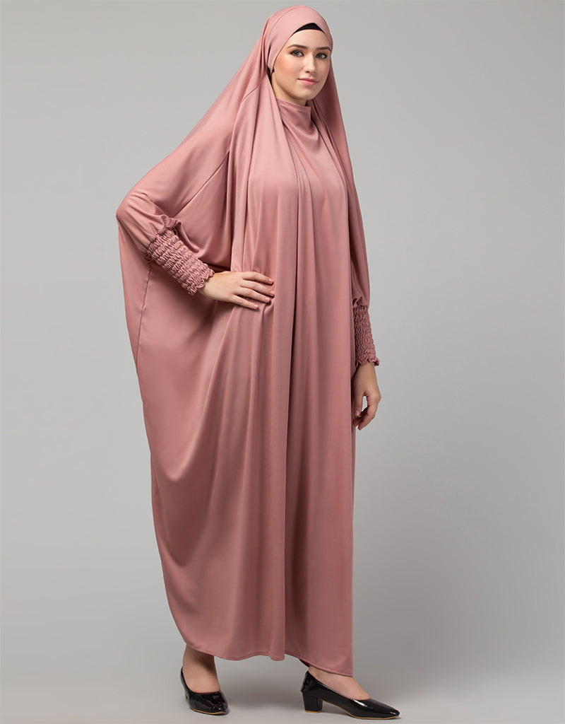 Elegant Arabic Smoking Sleeve Tie-Back Jilbab - Ready to Wear Full Size Knit Abaya in Mauve Pink | Perfect for Prayer, Modest Fashion & Special Occasions