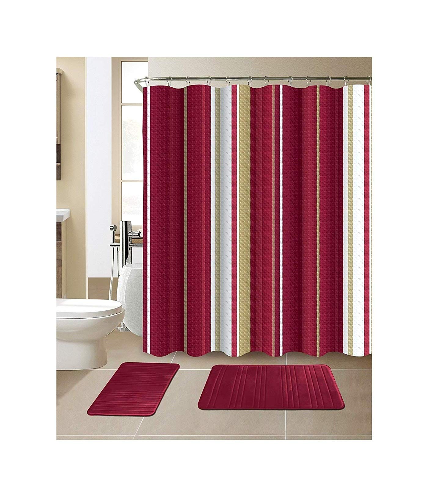 Premium 15-Piece Bathroom Set with 2 Memory Foam Bath Mats & Matching Shower Curtain - Luxury American Collection in Stylish Designer Patterns & Colors | Perfect for Modern Bathroom Decor, Guest Bathrooms & Spa-Style Retreats