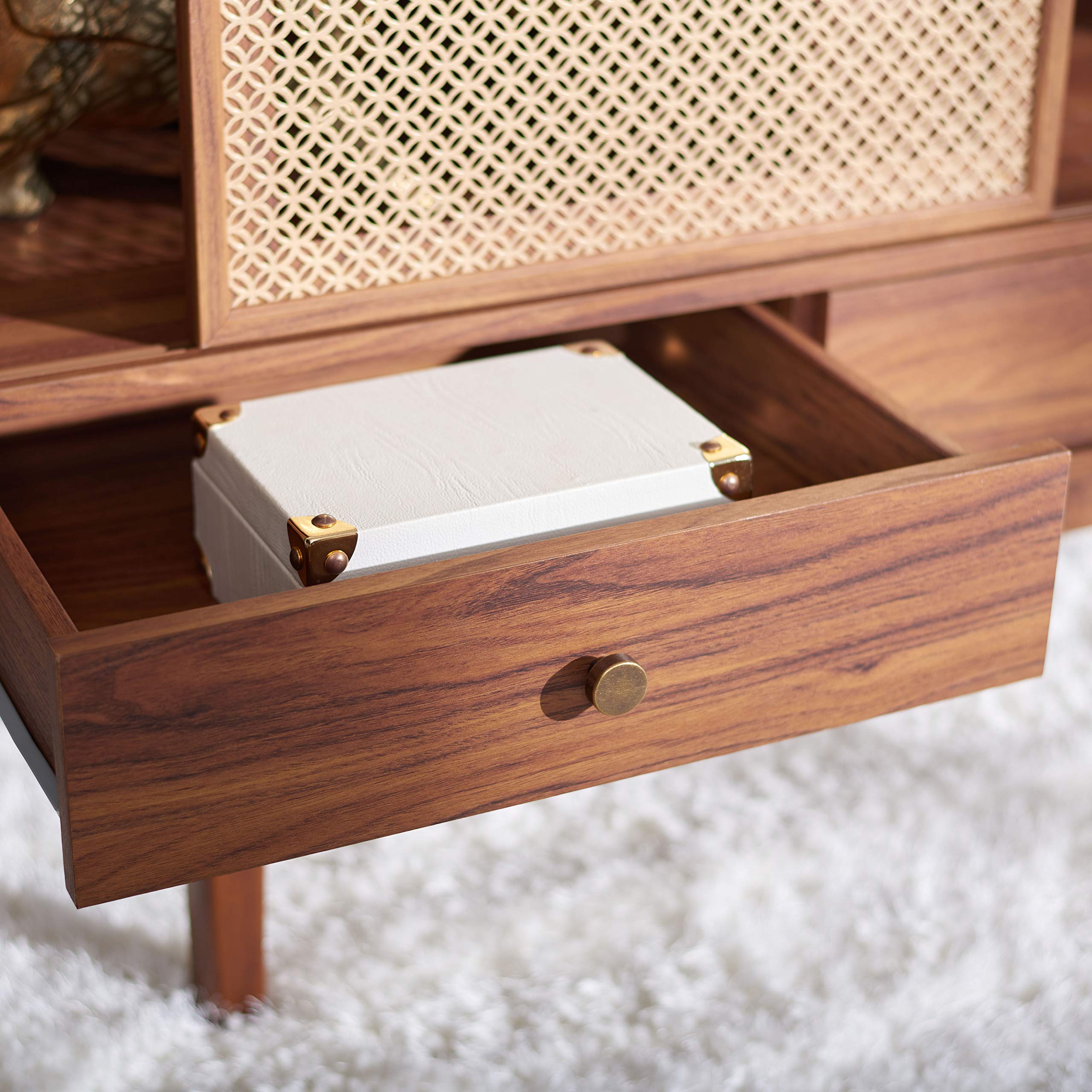 SAFAVIEH Home Collection Ceu Walnut and Gold 3-Drawer 1-Shelf TV Stand for Flat Screens up to 65 Inches - Modern Media Console for Living Room, Bedroom & Home Theater Storage