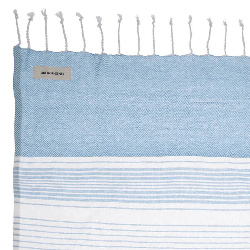 Linen House Mikonos Blue Hammam Beach Towel 100x180cm - Ultra Soft, Quick Dry, Large Turkish Towel for Pool, Beach, Yoga & Spa