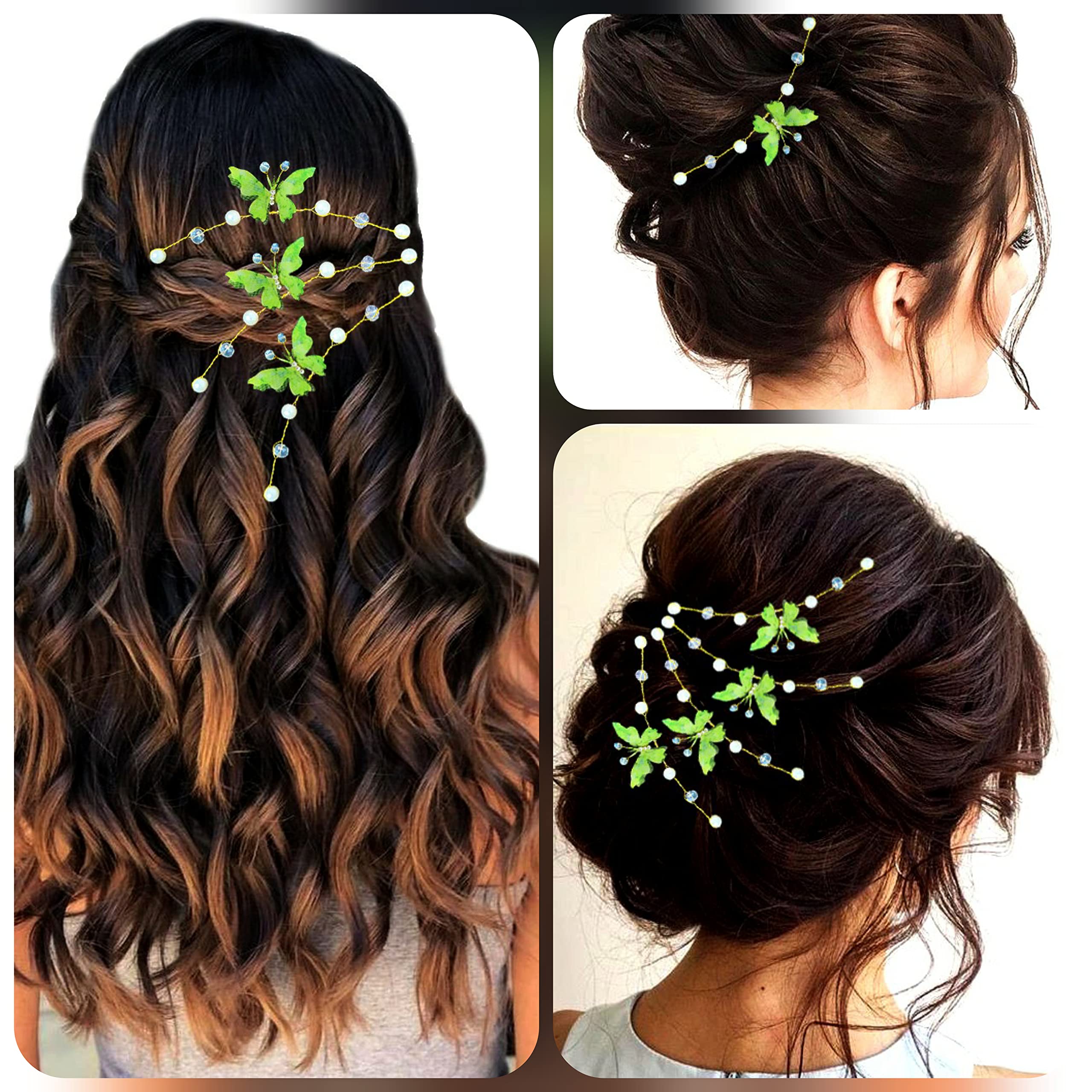 Elegant Light Green Artificial Butterfly Hair Pin with Pearls & Beads - Bridal Hair Accessories for Weddings, Prom & Special Occasions (Pack of 5) | Side Juda Pin & Judabun Style - 2261
