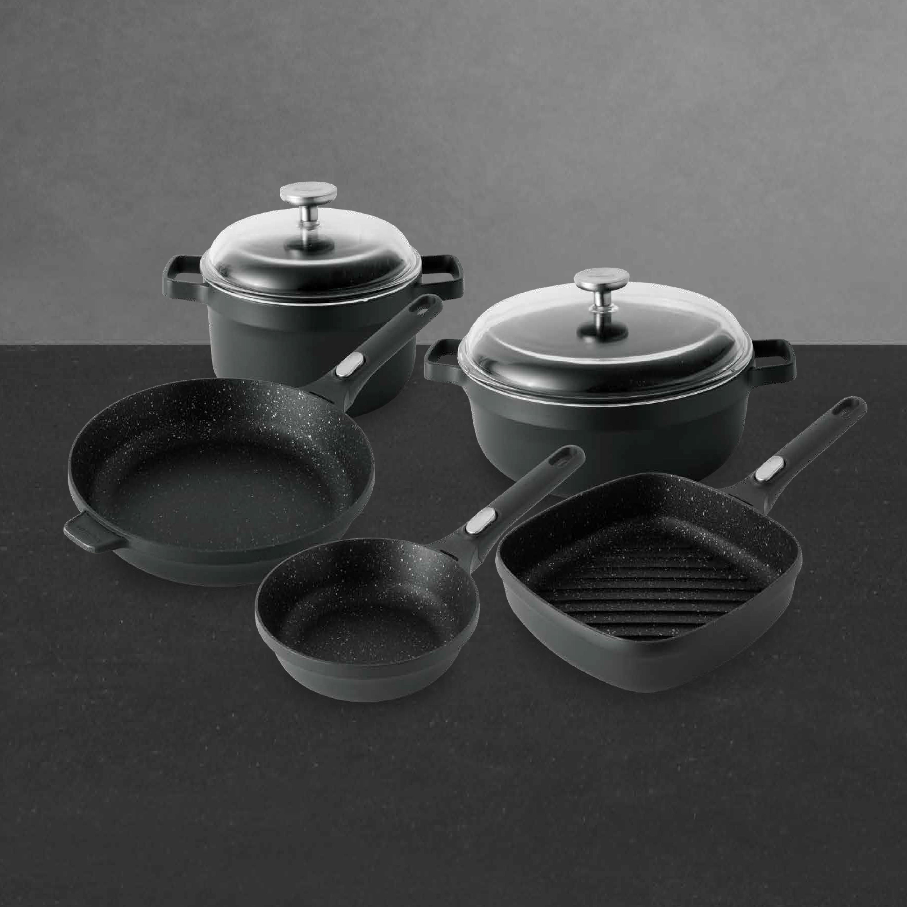BergHOFF GEM 7-Piece Nonstick Cookware Set - Black Ceramic Coating Pots and Pans for Healthy Cooking | Oven & Dishwasher Safe | Perfect for Frying, Sauteing & Boiling | Modern Kitchen Essentials