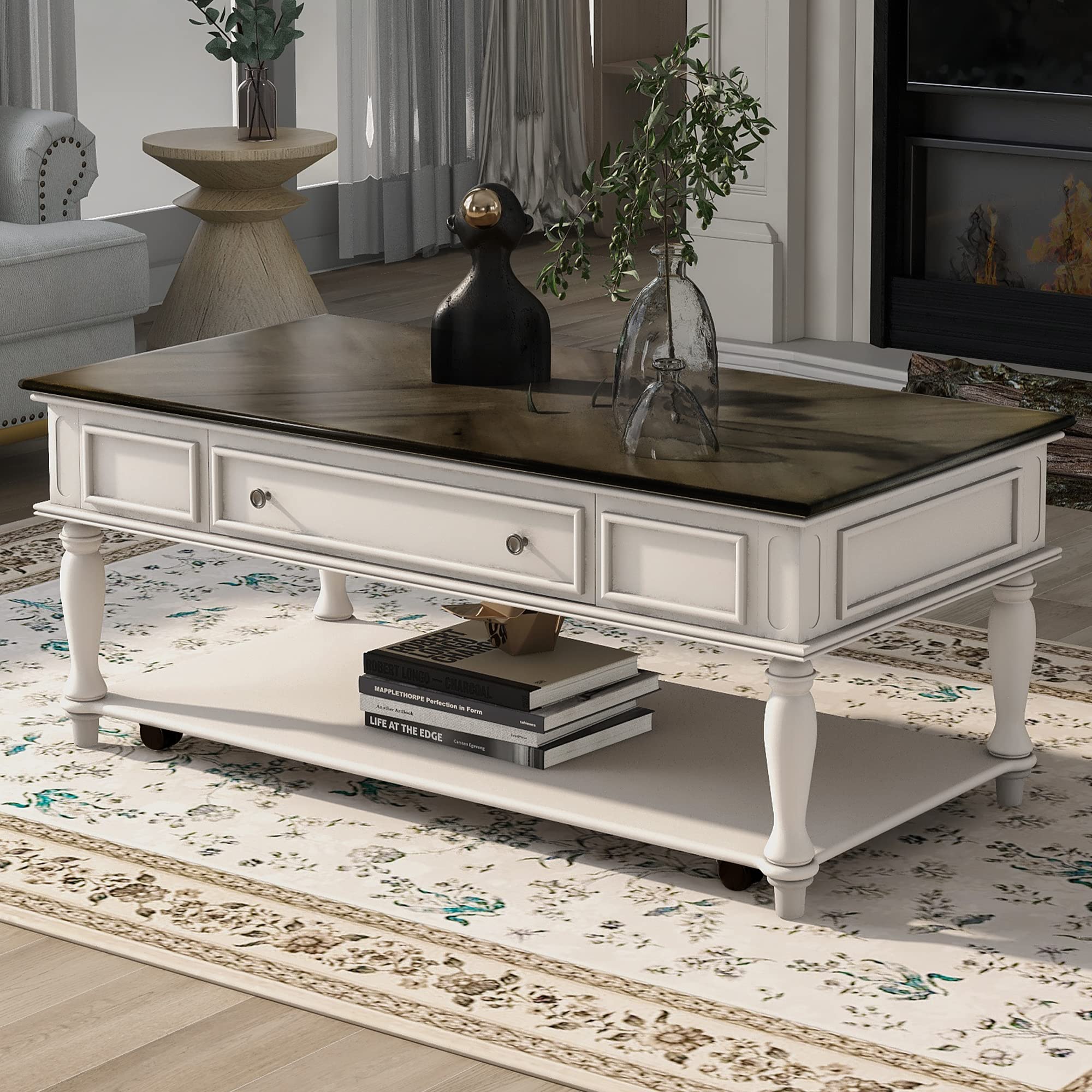 P PURLOVE 2-Tier Rectangle Wood Coffee Table with Drawer & Caster Wheels - Modern Cocktail Table for Living Room, Bedroom, Dorm | Perfect for Small Spaces, TV Lounging & Entertaining Guests