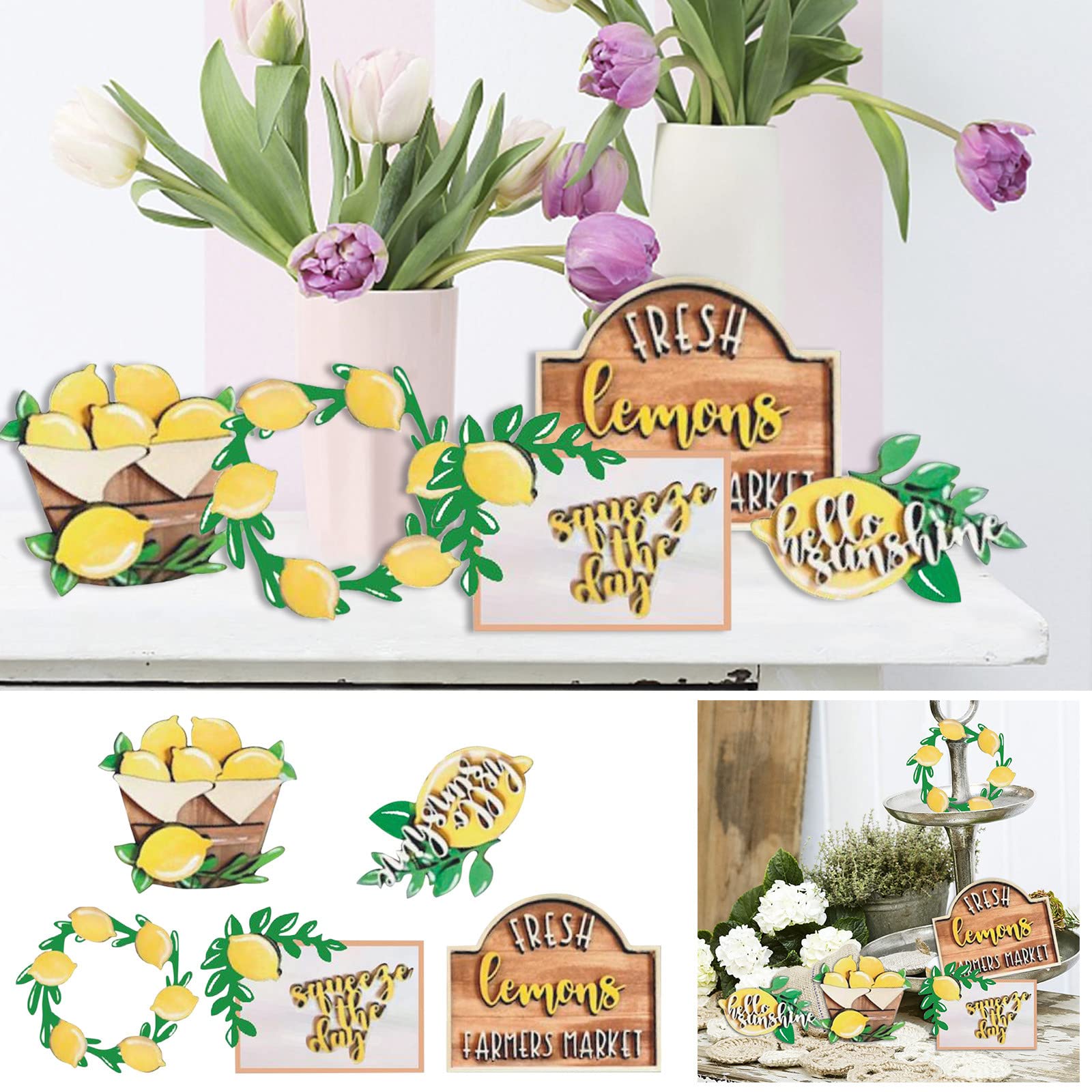 Handmade Wooden Summer Tray Decor Set - Beach & Lemon Themed Home Decoration for Living Room, Patio, or Coastal Style Decor